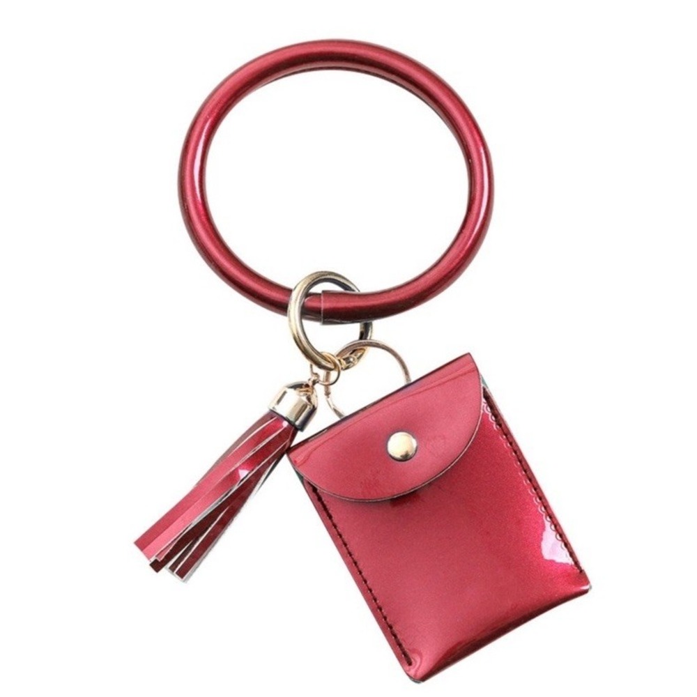 Women's Keychain Bracelet Card Holder Tassel‎ Wristlet Red Glossy PU Leather